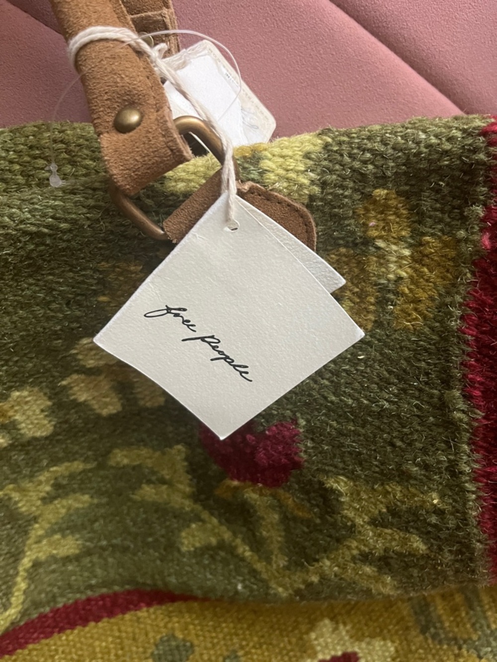 Free People Olive Green Floral Tapestry Tote with Brown Leather Handles - Picture 3 of 4